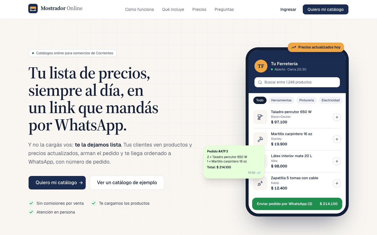 Página de inicio de Mostrador Online con un catálogo de ferretería en un celular